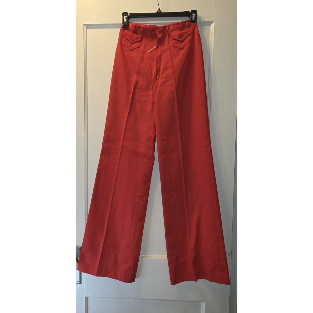 Vintage 70s Womens Polyester Wide Leg Flare Pants High Waist Red 24" Waist